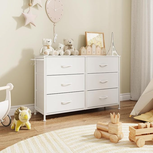 Dresser for Bedroom with 6 Drawers, Small Fabric Dressers for Kids Bedroom, Chest of Drawers, Storage Organizer Dresser for Closet, Nursery, Dorm, Apartment, TV Stand Living Room Wooden Top (White)