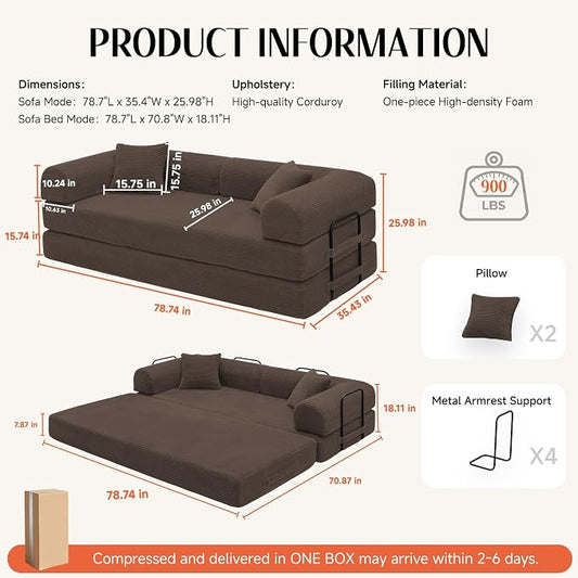 79'' Convertible Sofa Bed, Boneless Couch-in-a-Box, Corduroy Floor Futon Loveseat Sleeper, 26'' Deep Seat, Removable Machine-Wash Covers, No Assembly, 2 Pillows, Brown