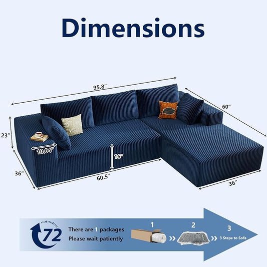 96" Modular Sectional Sofa, Modern Corduroy Cloud Couch with Deep Seat, Boneless Couch Upholstered 3-Seater L-Shaped Sofa for Living Room, No Assembly Required (Blue, Right-Facing Chaise)