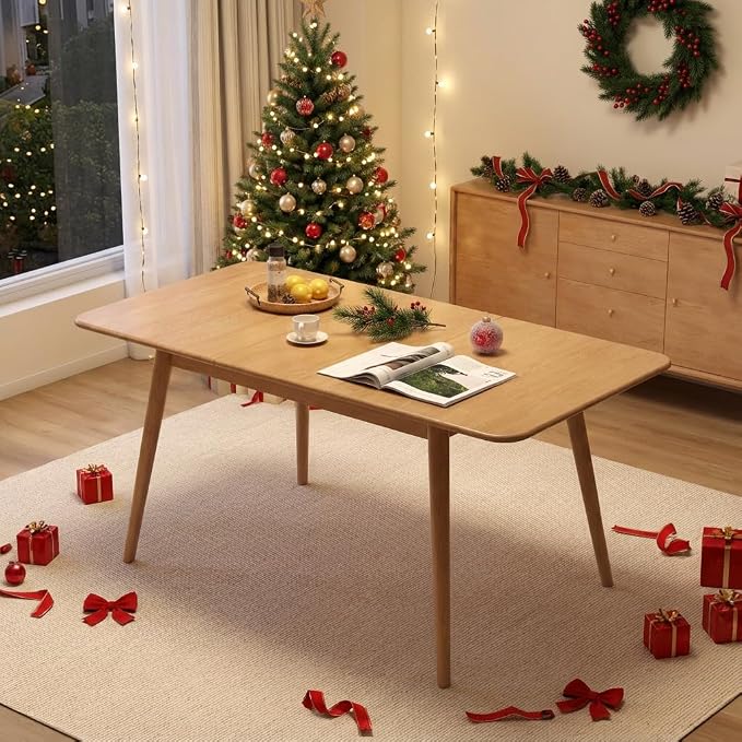 47’’-63’’ 100% Oak Extendable Dining Table, Solid Wood Folding Kitchen Table, Mid Century Modern Dinner Table for Kitchen, Apartment, Living Room (47''-63'' Natural)