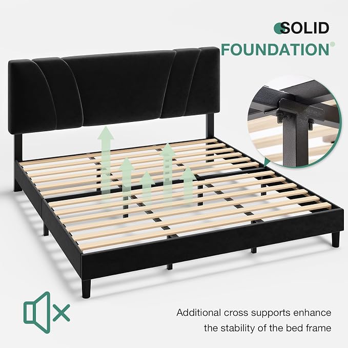 Novilla King Bed Frame and Headboard, King Bed Frame, Velvet Upholstered Bed Frames, No Box Spring Needed, Heavy Duty Feet, Easy Assembly, Black Velvet