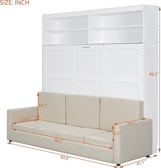 MERITLINE Queen Murphy Bed with 4 Seat Couch and Storage Shelves,Wood Murphy Bed Cabinet with Storage and Sofa,Folding White Murphy Wall Bed Cabinet Queen Size