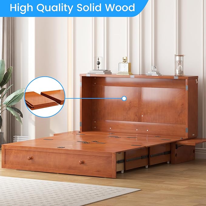 PUREMIND Murphy Bed with Mattress Included, Queen Murphy Bed Cabinet with Storage Drawer and Bedside Panel, Built-in Charging Station, Solid Wood Space-Saving Wallbed Hideaway Beds for Guest Room