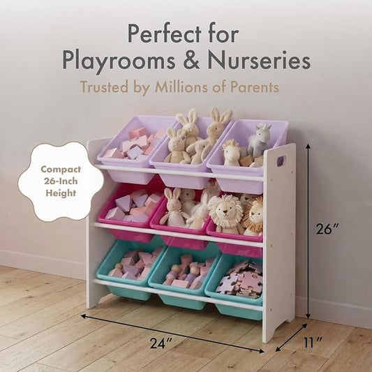 Humble Crew Toy Storage Organizer with 9 Removable Storage Bins for Kids Playroom, 3-Tier Toddler Toy Organization and Storage, White/Pink/Purple/Aqua