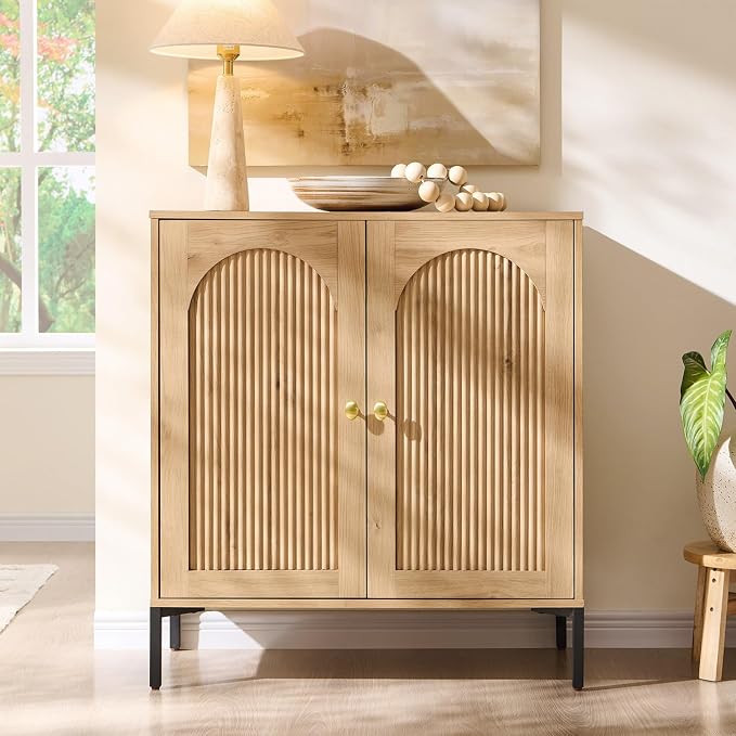 IFGET Modern Buffet Cabinet with Storage, 34" Tall Fluted Arched Sideboard Cabinet w/Adjustable Shelves, Wooden Modular Coffee Bar for Dining Room, Kitchen, Living Room, Entryway, Natural
