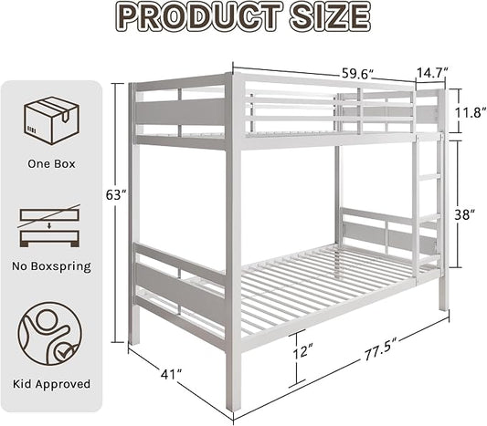 Bunk Bed Twin Over Twin, Heavy Duty Metal Bunkbeds with Ladder and Full-Length Guardrail, Space-Saving Steel Bed for Kids & Adults, No Box Spring Required, White