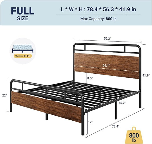 Allewie Full Size Platform Bed Frame with Wooden Headboard and Footboard, Heavy Duty 13 Metal Slats Support, Under-Bed Storage, No Box Spring Needed, Noise Free, Easy Assembly, Walnut