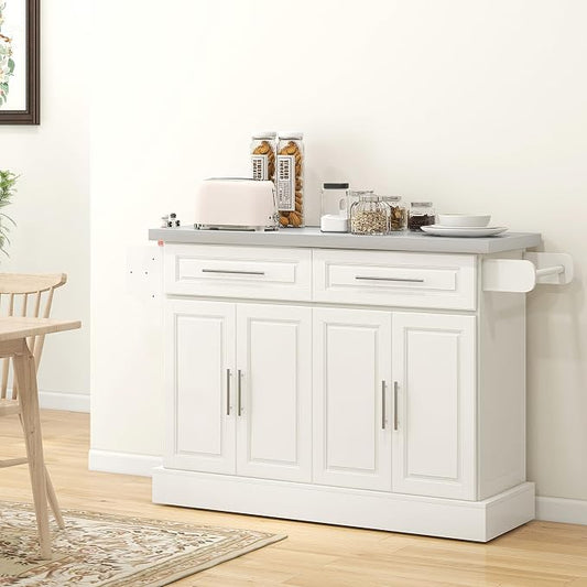 HOMCOM Rolling Kitchen Island Cart with 47" Stainless Steel Top, Portable Island Table for Kitchen with Wheels, Adjustable Shelves, 2 Drawers, Spice, Knife and Towel Rack, Cream White