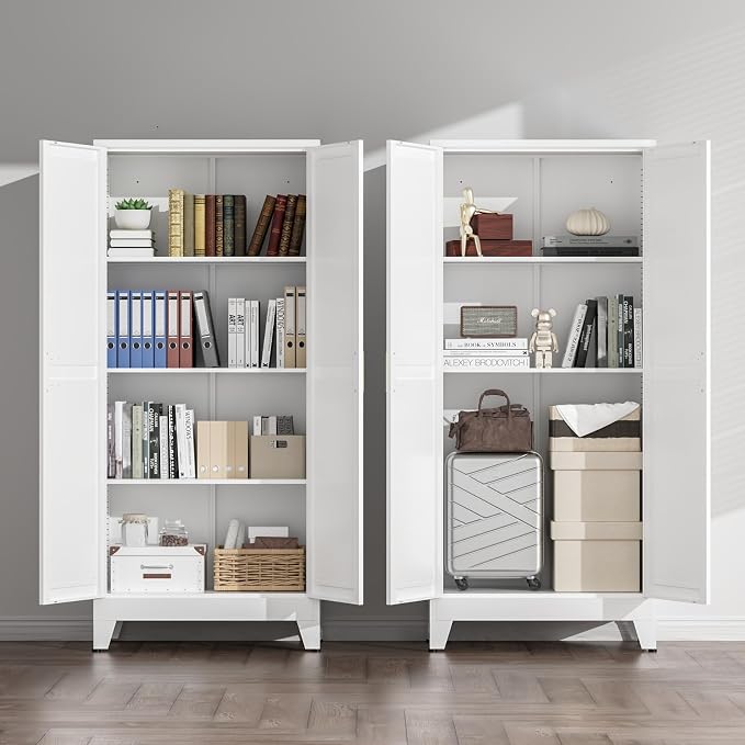 COFaR White Farmhouse Storage Kitchen Pantry Cabinet with 2 Barn Door, 3 Adjustable Shelves and Legs, for Cupboard/Dining Room/Bathroom/Living Room/Office/Laundry Room (White, 61" Farmhouse)
