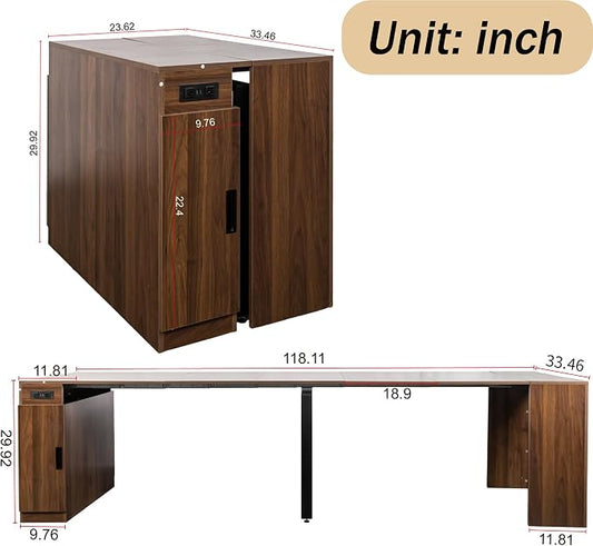 Expandable Dining Table, Transformer Console Table with Charging Ports & Storage, Extendable Folding Dining Room Table for 10-12 People, Space Saving Furniture, Walnut
