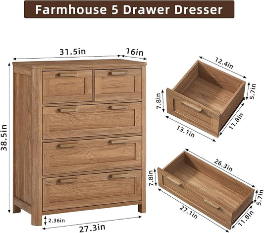 Joaxswe Farmhouse 5 Drawer Dresser for Bedroom, Vertical Dressers Chest of Drawers with 5 Deep Drawers & 4 Thickened Table Legs & Rounded Corners, Brown