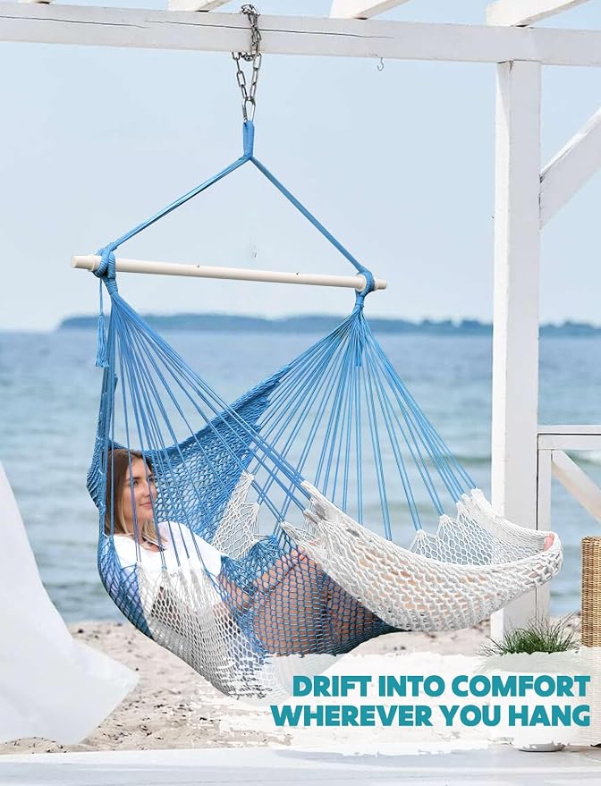 Chihee Handwoven Cotton Hammock Chair Large Hanging Rope Chair 7.9ft with Detachable Strong Metal Spreader Bar, Breathable Net Swing Seat Color Blocking, Portable with Carry Bag, Indoor Outdoor Use