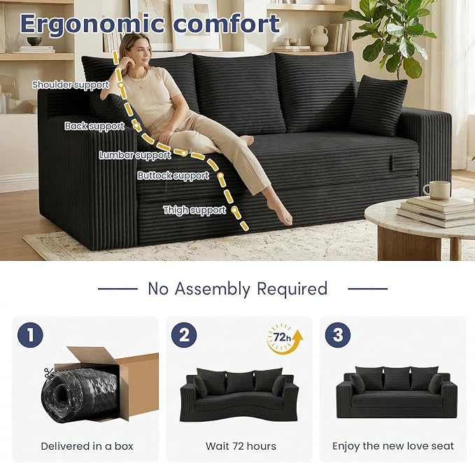 3 Seater Boneless Couch for Living Room, Convertible Futon Sofa Bed Comfy Pull Out Couch with 5 Pillows & Detachable Washable Cover, Upholstered Floor Sofa in A Box, No Assembly Required, Black