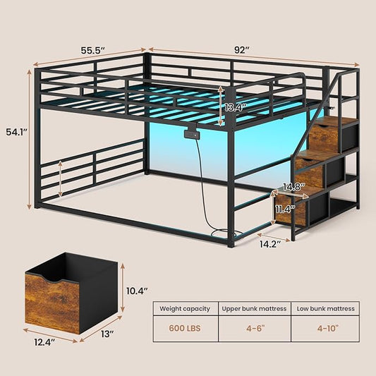 ADORNEVE Low Bunk Bed Full Over Full with Stairs, 3 Storage Drawers & Power Outlet, Full Size Metal Floor Bunk with RGB Lights & Shelves, Space-Saving Kids Bed, Black & Brown