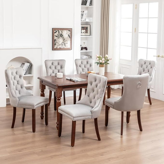 Hixkol Velvet Dining Chairs Set of 6,Upholstered Dining Chairs with Ring Pull Trim and Button Back,Modern Seating for Kitchen, Dining Room & Living Room(Light Gray)