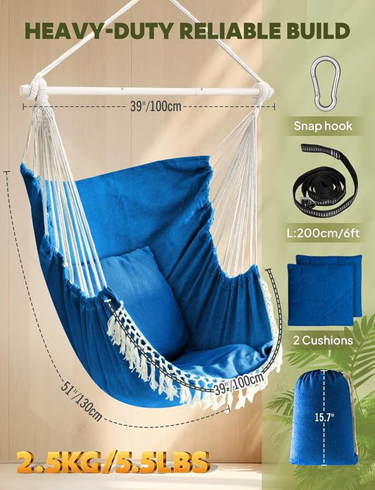 Chihee Hammock Chair Hanging Swing Max 500 Lbs 2 Cushions Included Metal Spreader Bar with Anti-Slip Grooves Portable Hanging Chair Side Pocket Large Macrame Bohemian Chair Indoor Outdoor