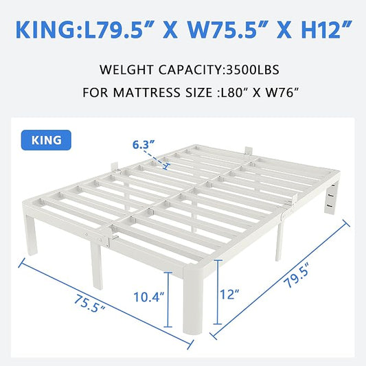 White King Size Bed Frame 12 Inch, Metal Camas King Bed Frame No Box Spring Needed, Heavy Duty Steel Support 3500 LBS, DIY Headboard, Noiseless, Round Corner Legs, Storage Space, Easy Assembly