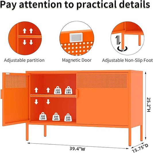 Orange Metal Storage Cabinet with 2 Doors - 25''H TV Stand, 2 Tier Locker with Adjustable Shelves, Multipurpose TV Cabinet for Office, Home, Living Room, Kitchen