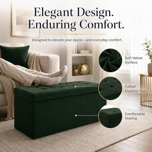 ALASDO 43 Inch Folding Storage Ottoman Bench with Hidden Storage, Velvet Storage Ottoman Foot Rest Stool, End of Bed Bench for Bedroom, Living Room, Entryway and Closet, Dark Green
