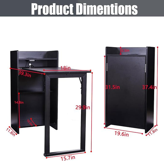 Fold Out Desk with Storage and Built-in Outlet, Mid Century Foldable Desk for Small Spaces, Hidden Folding Table for Home Office or Bedroom (Black)
