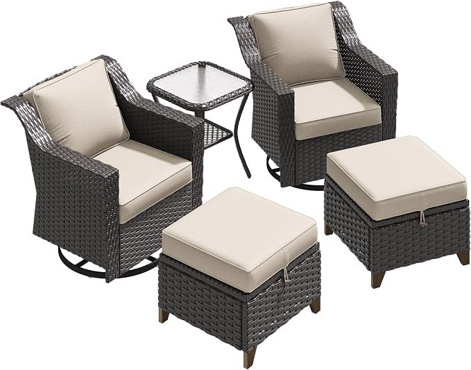 5 Pieces Patio Conversation Furniture Set - Swivel Chairs with Ottomans Set of 2, 1 Side Table, Outdoor Wicker Furniture Set with Washable Cushions for Porch, Balcony, Sunroom (Beige)