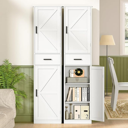 WEENFON Tall Bathroom Cabinet, Storage Cabinet with 6 Shelves & Drawer, Bathroom Storage Cabinet with Adjustable Shelves, Tall Cabinet for Living Room, Home Office, White
