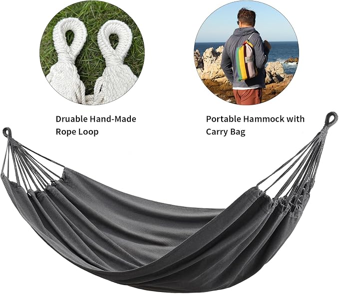 CHULIM Brazilian Double Hammock with Tree Straps,Extra Large 94x63IN,2 Persons Hammock for Backyard Patio Outdoor and Indoor,450lbs Weight Capacity,Soft Woven Cotton Fabric - Dark Grey