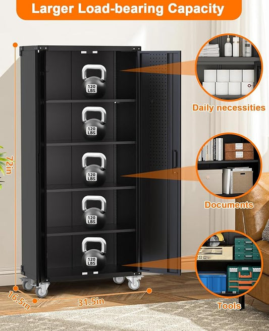 Garvee 72 in Tall Garage Storage Cabinet – 600 LB Capacity Metal Tool Cabinet with Magnetic Lock, 4 Adjustable Shelves & Wheels, Heavy-Duty Steel Storage for Workshop, Home & Office