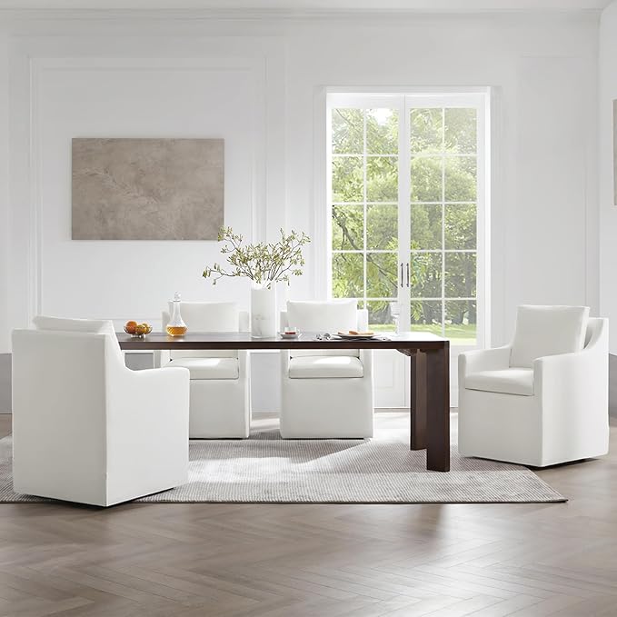KISLOT Upholstered Dining Chairs Set of 2, Washable Cover Modren Deskchair with 4 Casters & Hidden Storage for Dining Room, Living Room, Home Office, Cream, 2 Box