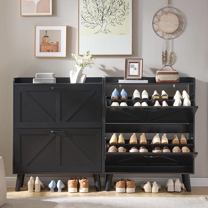LEYAOYAO Shoe Cabinet Storage for Entryway with 2 Flip Drawers Rack Narrow Organizer Slim Hidden Wood Shoe Cabinet Furniture Black