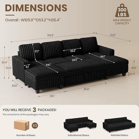 Belffin Modular Sectional Sleeper Sofa with Pull Out Couch Bed Corduroy Double Chaise with Storage Black Couch
