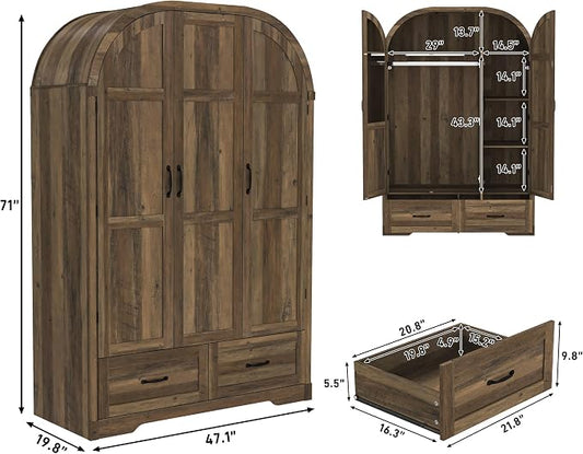 Squireewo 3 Doors Armoire Wardrobe Closet with Doors and Drawers, 71" Farmhouse Arched Wooden Wardrobe Cabinet with Mirror and Lights, Large Armoire Storage Cabinet with Shelves & Hanging Rod,Oak