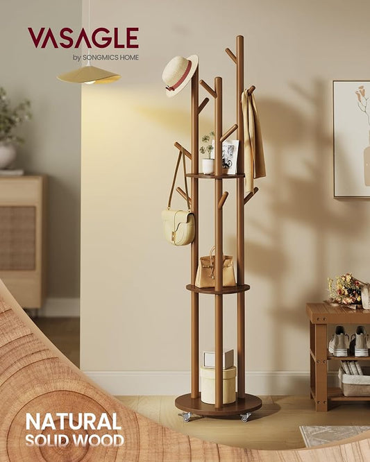 VASAGLE Freestanding Coat Rack Stand, Coat Tree with 11 Hooks, 3 Shelves, 4 Removable 360° Swivel Wheels, Wooden Hooks and Poles, for Entryway, Bedroom, Living Room, Walnut Brown URCR023K01