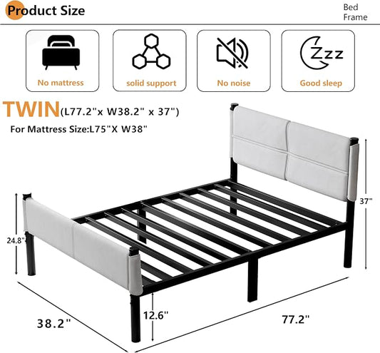 Metal Bed Frame,14Inch Twin Size Bed Frame with Storage Space,Heavy Duty Sturdy Mattress Foundation,Easy Assembly,No Box Spring Needed,Twin White