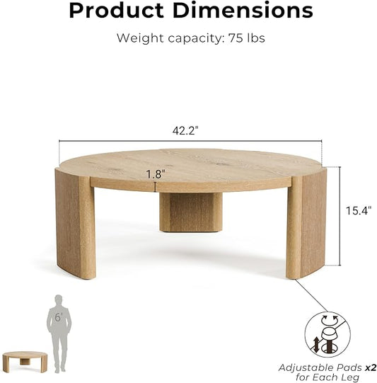 Furniture of America Carys 42” Round Coffee Table, Solid Rubberwood & Oak Veneer, Modern Wood Living Room Table with Plinth Base, Oak Finish