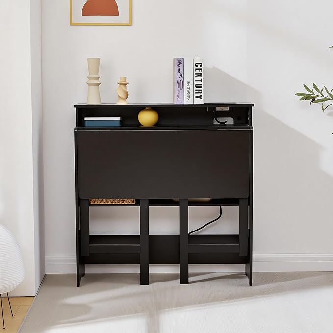 Fold Out Desk with Power Outlets, Small Foldable Table with Storage Shelf,Space-Saving Hidden Desk for Bedroom, Living Room & Office (Black)