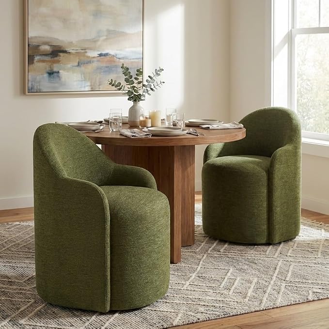 KISLOT Upholstered Dining Chairs with Casters, No Assembly Modern Dining Room Chairs Accent Vanity Chair with 5 Wheels & Round Backrest for Bedroom, Living Room, Dressing, Green Fabric, Set of 4