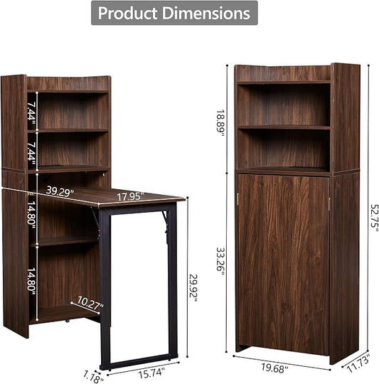 Foldable Desk with Storage,Hidden Desk with Built-in Socket,Fold Out Writing Table for Small Spaces,Home Office and Bedroom (Dark Walnut)