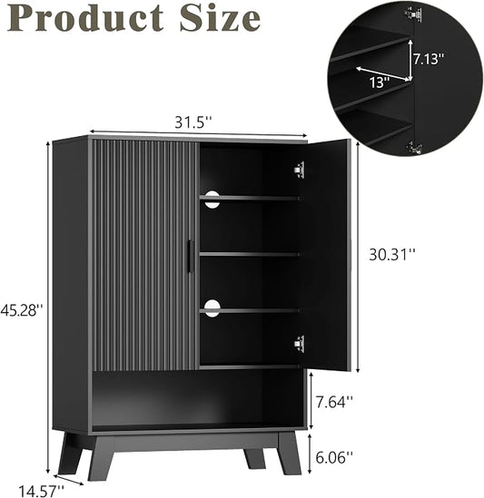 Shoe Cabinet Storage for Entryway with Doors, 5 Tier Fluted Shoe Organizer with Adjustable Shelves, Entryway Shoe Storage with Wooden Legs, Freestanding Hidden Shoe Rack for Front Door Entrance, Black