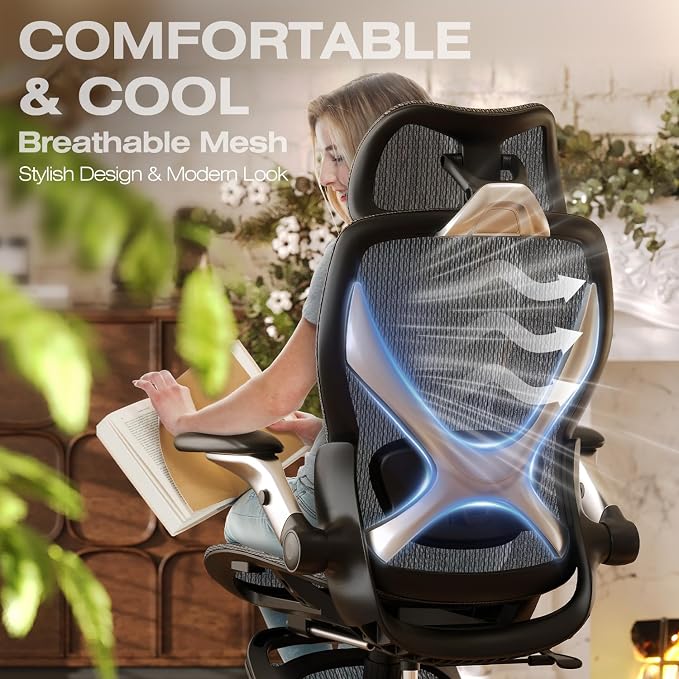ELABEST X100 Ergonomic Mesh Office Chair with Footrest, Big and Tall Hone Desk Chair with 5D Flip-Up Arms, Adjustable 3D Lumbar Support,Gaming & Executive Computer Chairs