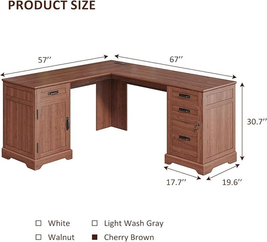 Whalefall 67'' Farmhouse L-Shaped Desk with Drawers for Home Office, Brown | Computer Corner Desk with File Cabinet and Charging Station, Large Executive L Desk with Locking Drawers Storage