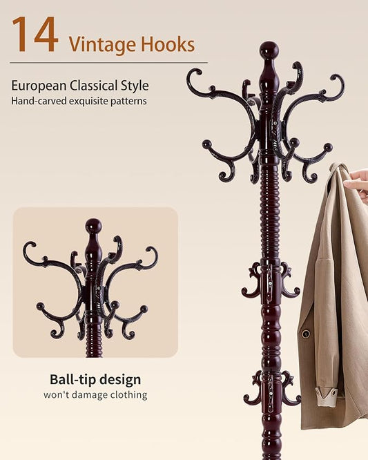 Wooden Coat Rack Freestanding, Solid Wood Coat Rack Stand with 14 Hooks, Vintage Heavy Duty Coat Racks,Standing Coat Jacket Hanger Tree Stand for Corner, Office, Entryway