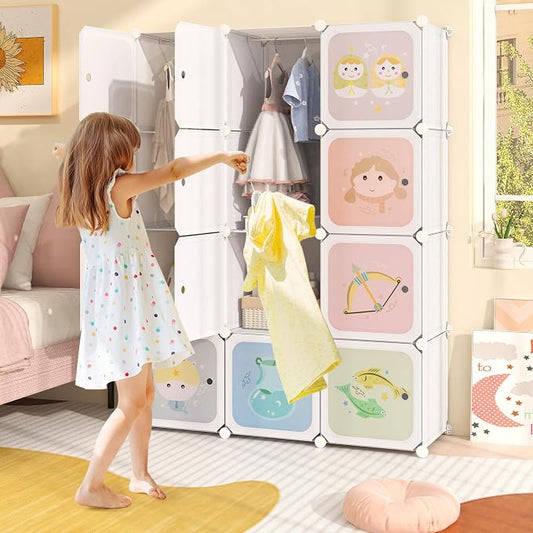 INFANS Children Wardrobe, Kid Closet Portable Baby Dresser Cute for Kids Bedroom Nursery Armoire with Doors 12 Cube 2 Hanging Sections, Kid Clothes Storage Organizer (Pink, 12 Cubes)