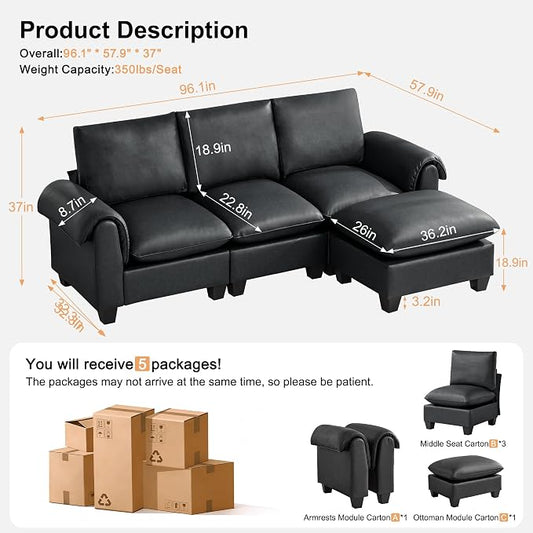 96" Faux Leather Modular Sectional Sofa with Movable Ottoman, Oversized 3 Seater Couch with Curved Armrests, Cloud Modern L-Shaped Sofa Deep Seat for Living Room, Black