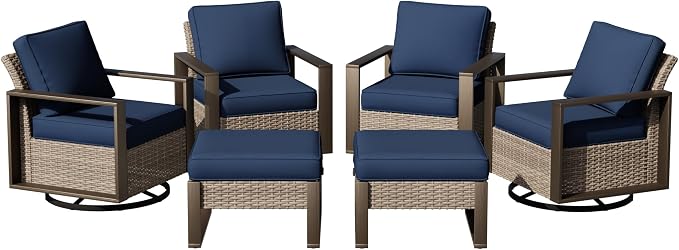 Joyside Outdoor Patio Swivel Rocker Chairs, 5 Pieces Wicker Furniture Set, 2 Swivel Rocking Chairs and 2 Ottoman, Metal Wide Armrest, Thick Cushions and Deep Seating for Garden, Backyard, Porch, Deck