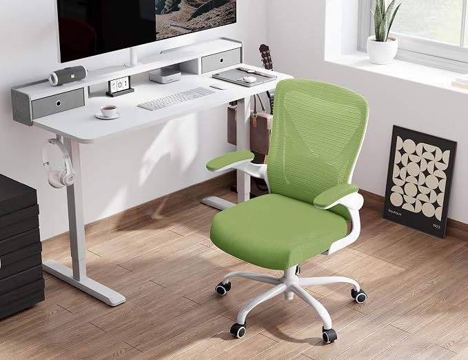 Office Chair Ergonomic Desk Chair Comfy: 330LBS Mesh Computer Chair Ergonomic Gaming Chairs with Wheels Adjustable Lumbar Support and Flip up Armrest-Swivel Executive Chairs Long Hours(Green)