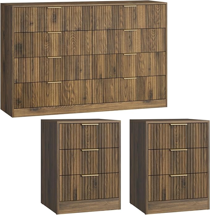 8 Drawer Dresser & 3 Drawer Nightstand Set 3-Piece, Tall Fluted Dresser and Night Stand Set of 2 with Metal Handle, Modern Wood Chest of Drawers Storage Dressers Set for Bedroom, Walnut