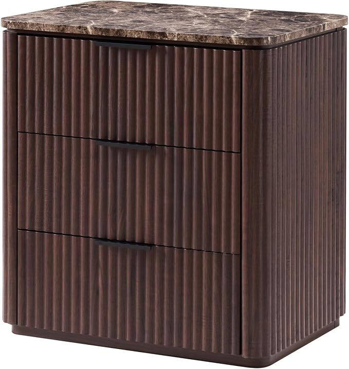 Fluted Nightstand with Faux Marble Top, Modern Bedside Table | FSC-Certified Engineered Wood, 25" H, 3 Drawers, Rounded Corner, Metal Handle, for Bedroom, Dark Oak