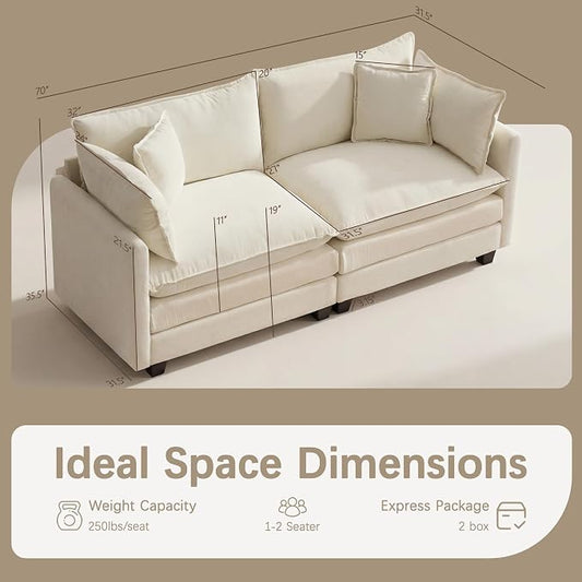 Modular Sectional Sofa for Living Room, 70" Oversized Cloud Couch with Movable Ottoman, 3 Seat Modern Comfy Sofa Chenille Deep Seat Couches with L Shape, Bedroom Living Room (Beige 70" Loveseat)