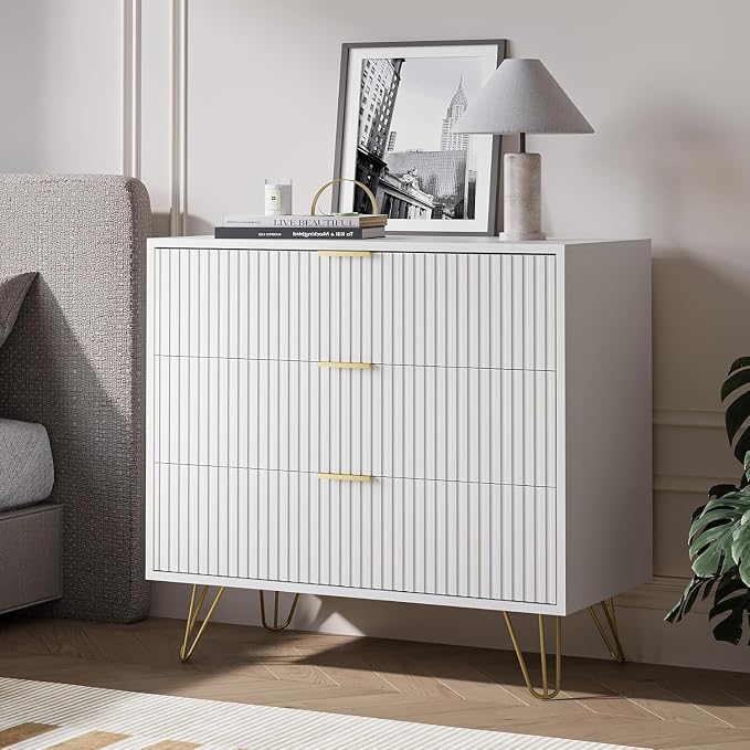 MAISONARIA 3-Piece Dresser Bedroom Set, 9 Drawer Dresser & 3 Drawer Dresser with Gold Handles, Fluted Wood Chest of Drawers for Bedroom, Living Room, Entryway, White